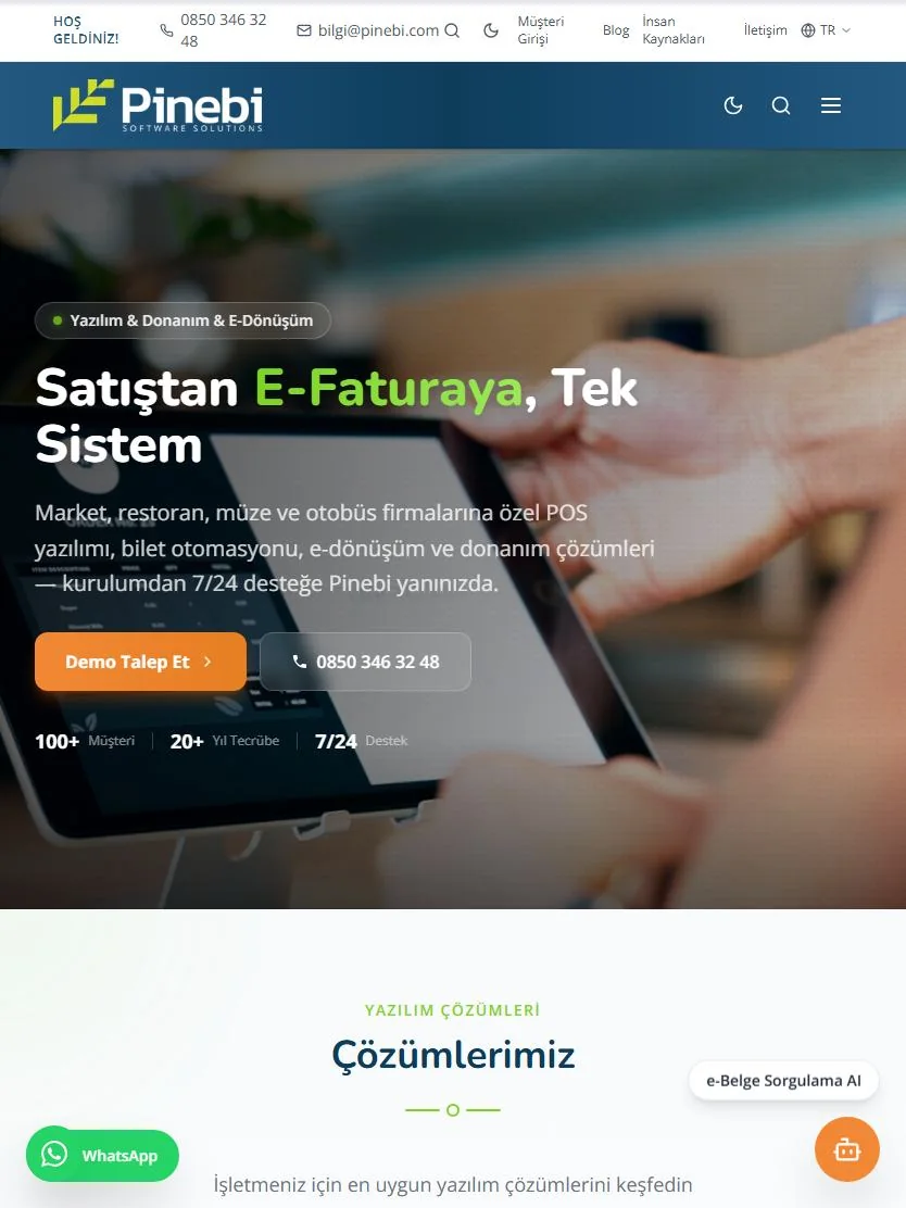 PineBI POS ve e-dönüşüm yazılımı kurumsal web sitesi