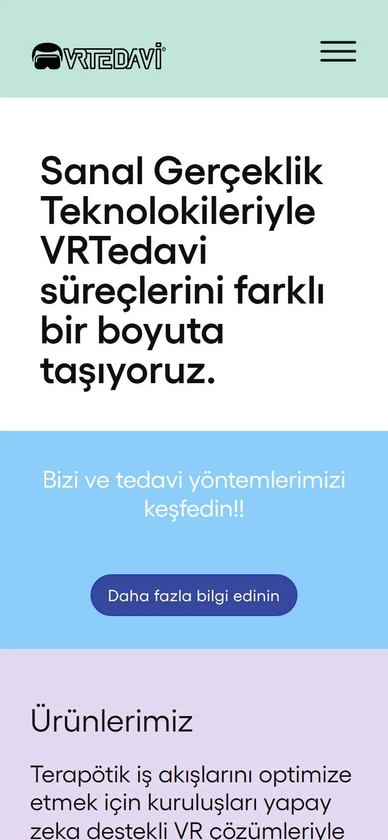 VRTedavi sanal gerçeklik tabanlı dijital terapi platformu web sitesi