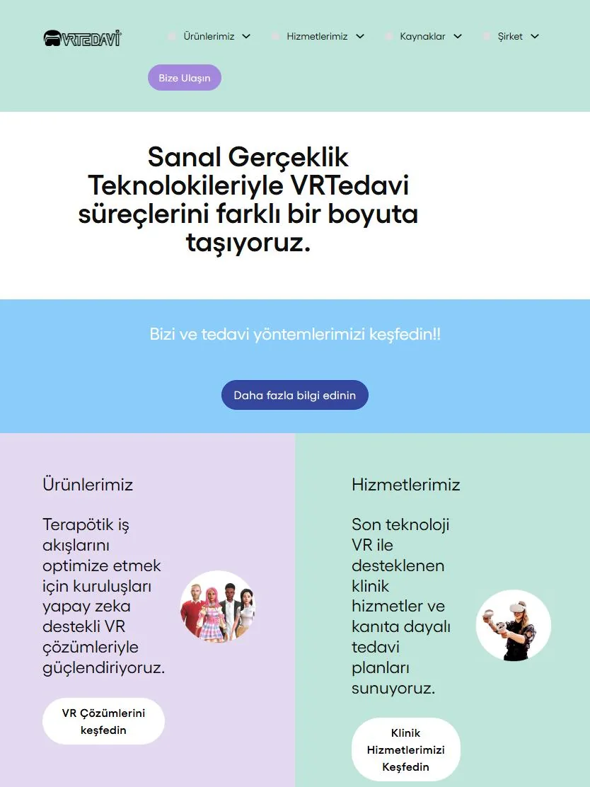 VRTedavi sanal gerçeklik tabanlı dijital terapi platformu web sitesi